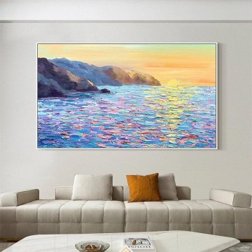 Landscapes Painting - Sunrise Ocean Coastal Sea Landscape by Palette Knife beach art wall decor seashore